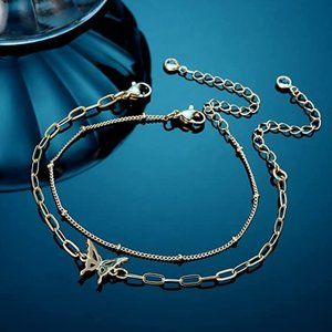 14K Gold Filled Adjustable Layered Bracelet Cute Evil Eye Oval Chain Pearl Bar